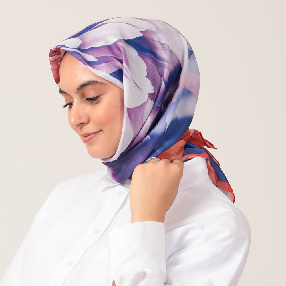 Pamuk İpek Eşarp - Lotus Desen - Saks Kırmızı