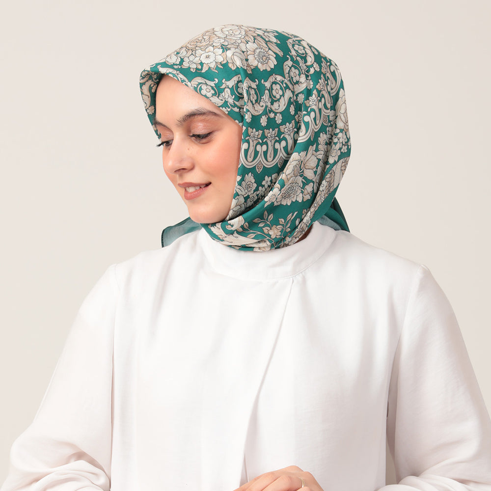 Pamuk İpek Eşarp - Dönence Desen - Zümrüt Yeşili