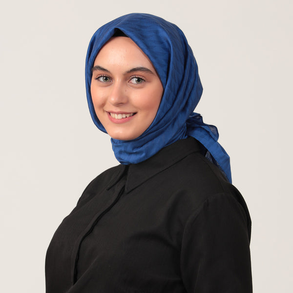 Yün İpek Eşarp - Dağ Desen - Saks Mavisi