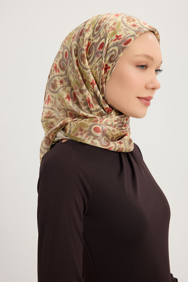 Aurora Desenli Janjan Eşarp - Etnik Bahar - Yağ Yeşili