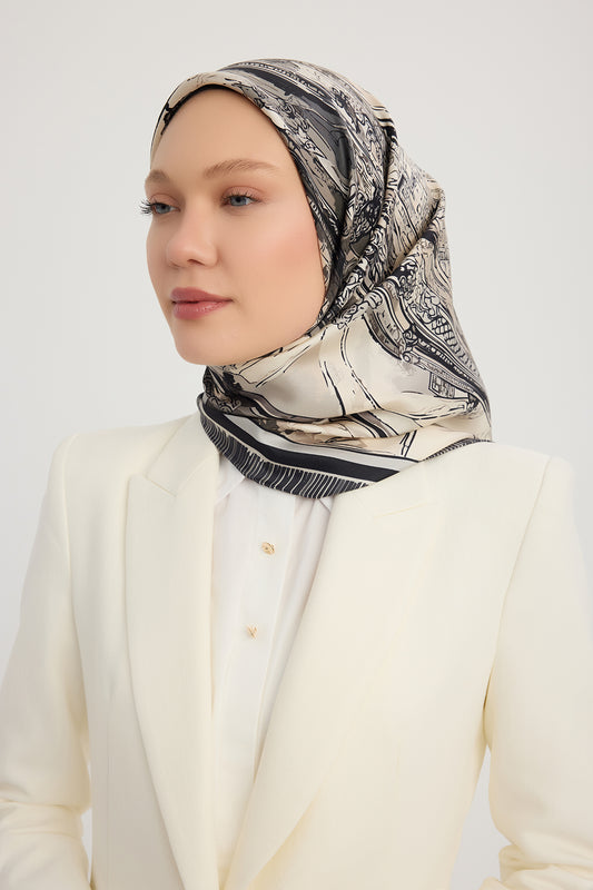 %100 İpek Twill Eşarp - Hilal Şehri - Siyah
