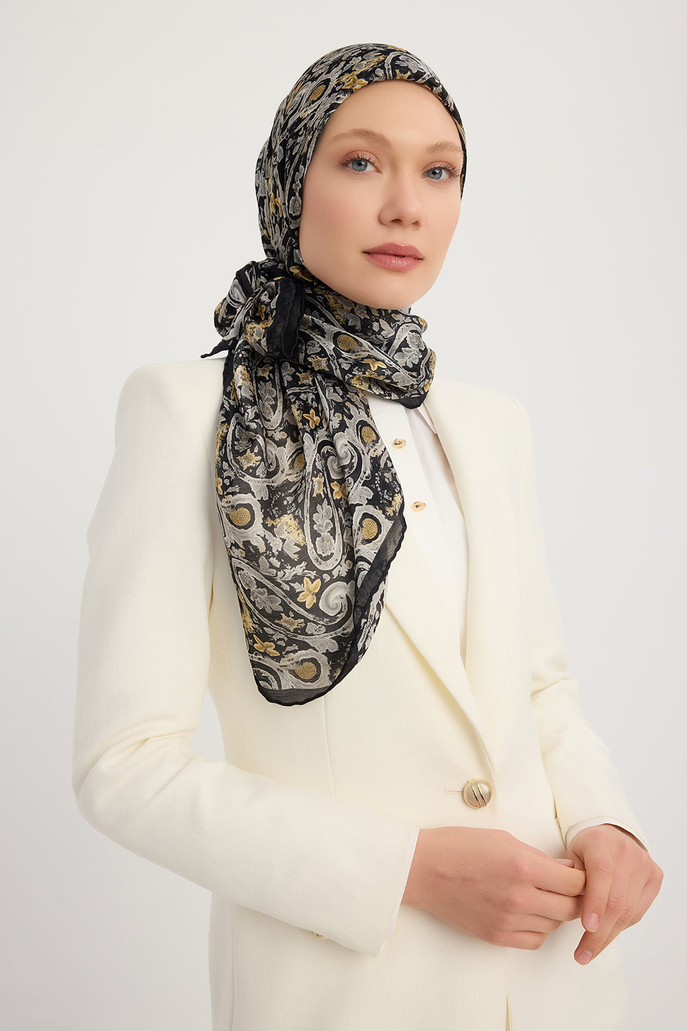 Aurora Desenli Janjan Eşarp - Etnik Bahar - Siyah