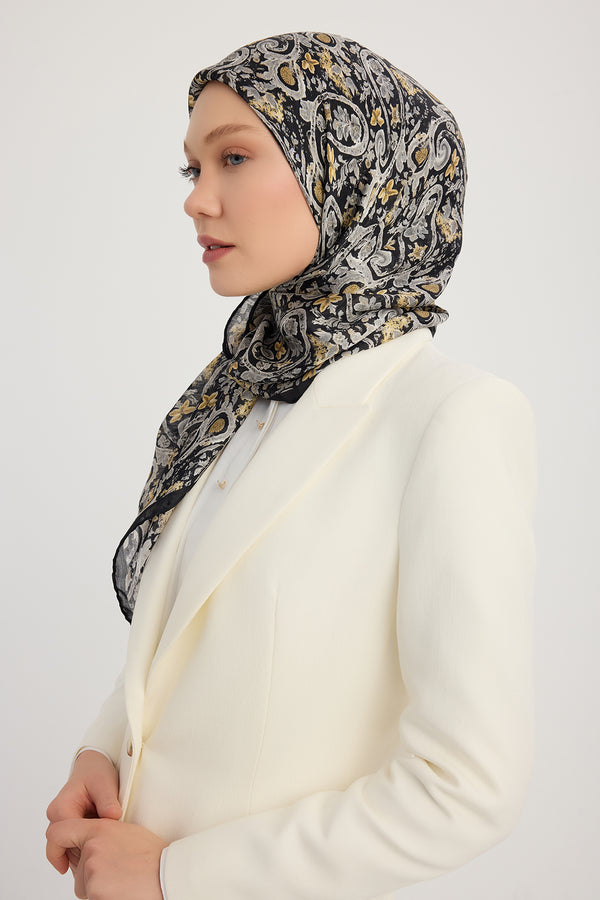 Aurora Desenli Janjan Eşarp - Etnik Bahar - Siyah