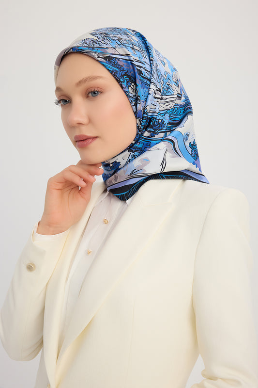 %100 İpek Twill Eşarp - Hilal Şehri - İndigo