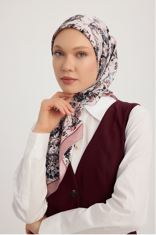 %100 İpek Twill Eşarp - Yankılar Bahçesi - Pudra