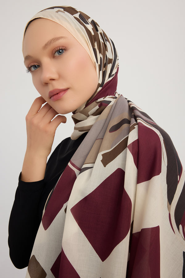 Efilia Desenli Şal - Pastel Yolculuk - Bordo