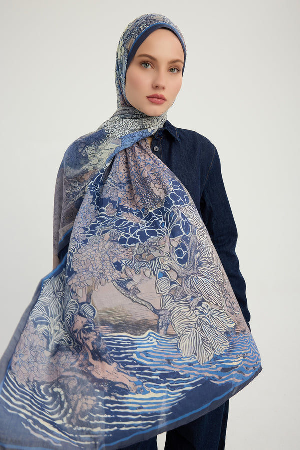 Efilia Desenli Şal - Sessiz Mevsimler - Lacivert
