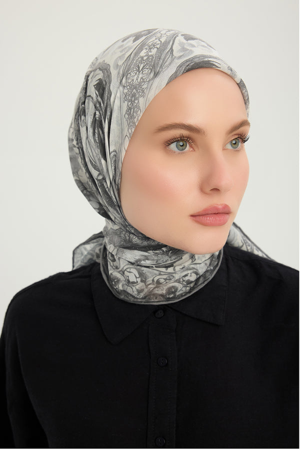 Efilia Desenli Eşarp - Çiçek Tahtı - Gri