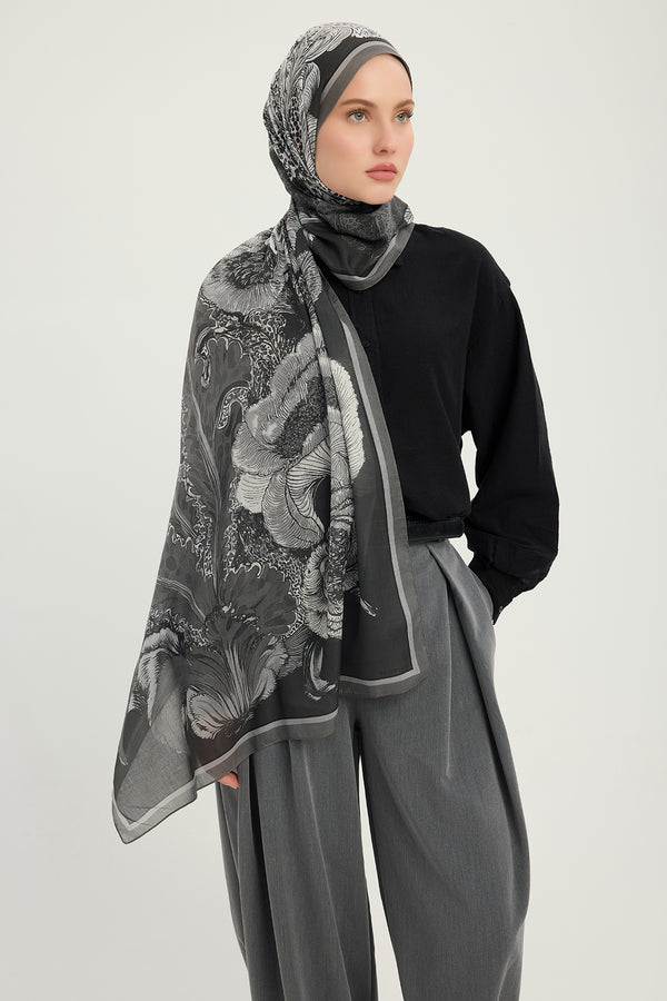 Efilia Desenli Şal - Mercan Bahçesi - Siyah