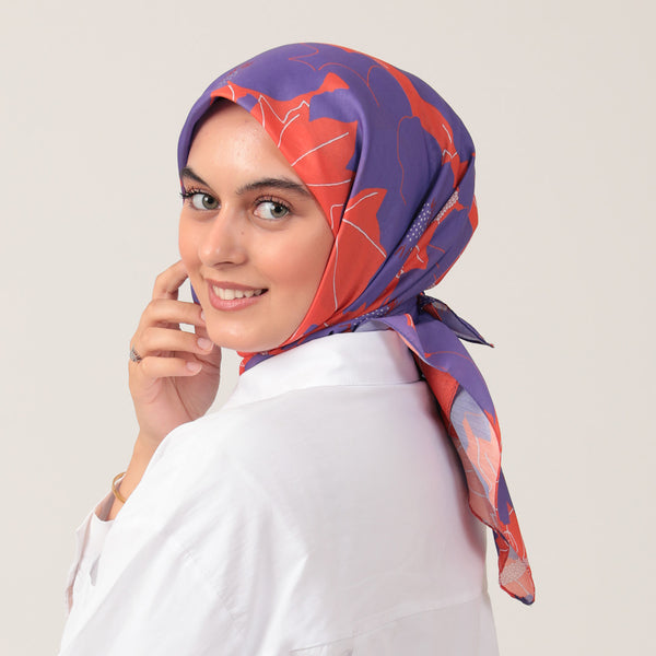 Pamuk İpek Eşarp - Manolya Desen - Mor