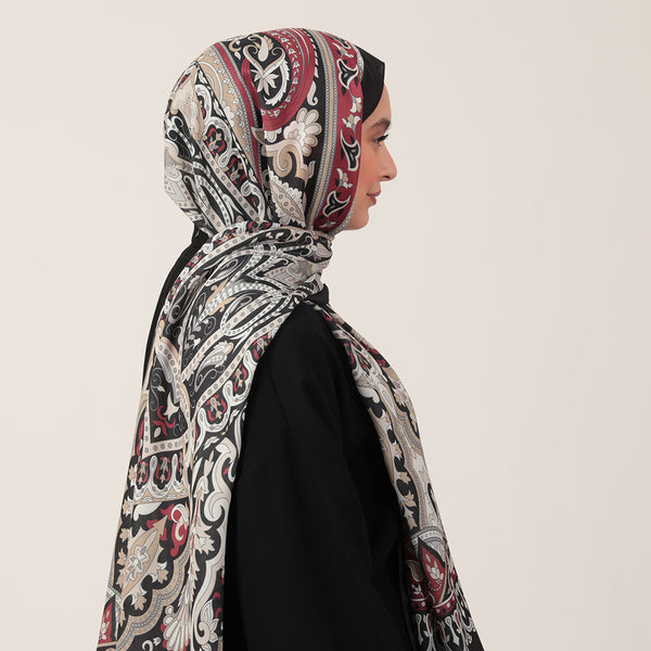 Pamuk İpek Şal - Barok Desen - Siyah Bordo