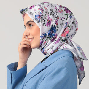 Pamuk İpek Eşarp - Hibiskus Desen - Gri