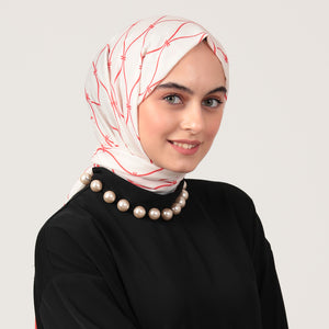 Pamuk İpek Şal - Dalga Desen - Kırmızı Beyaz