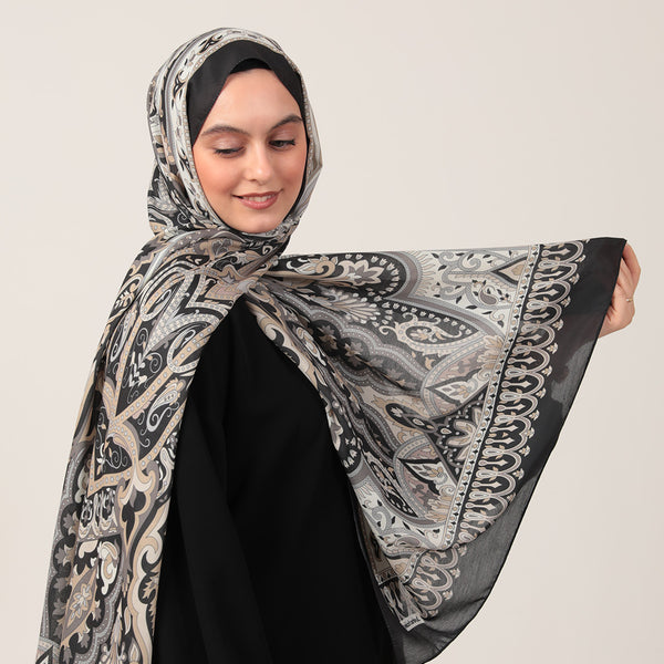 Pamuk İpek Şal - Barok Desen - Siyah Gold