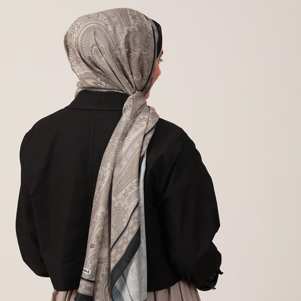 Pamuk İpek Şal - Hint Desen - Siyah Krem