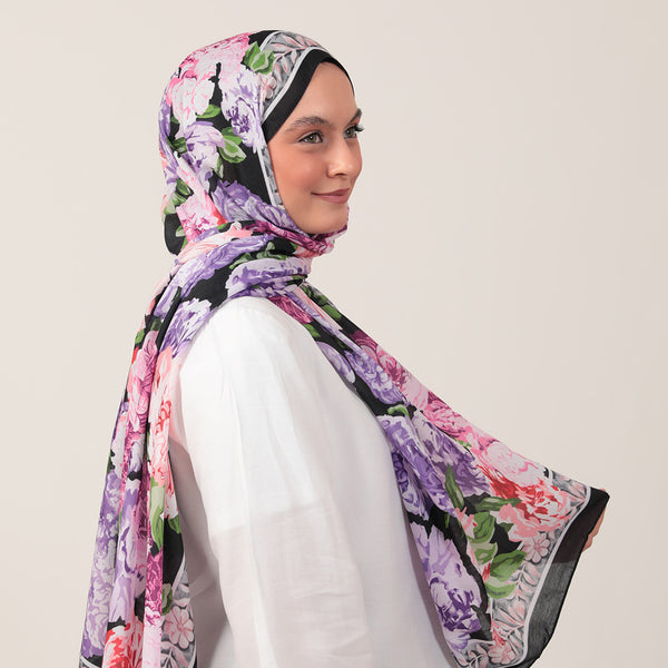 Pamuk İpek Şal - Floral Desen - Siyah Lila