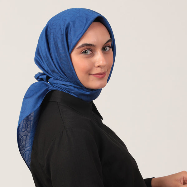 Yün İpek Eşarp - Zincir Desen - Saks Mavisi