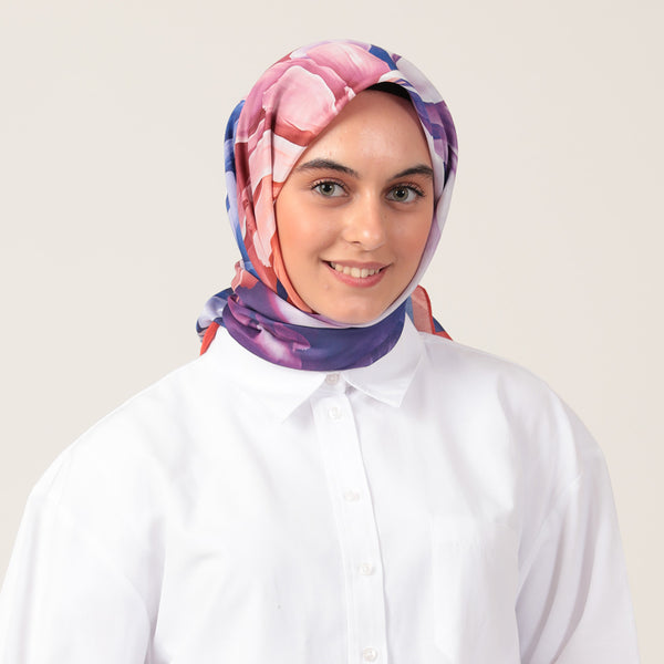 Pamuk İpek Eşarp - Lotus Desen - Saks Kırmızı