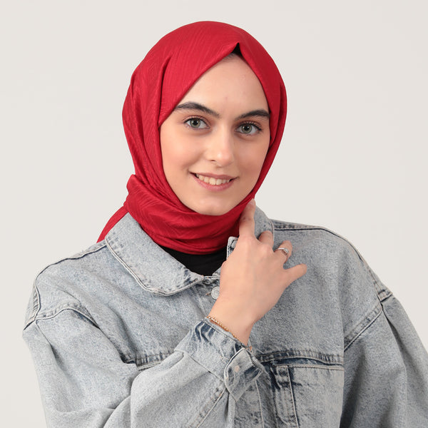 Pamuk Jakar Ağaç Kabuğu Desen Şal - Kırmızı