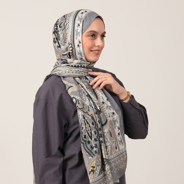 Pamuk İpek Şal - Barok Desen - Gri