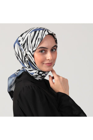 Pamuk İpek Eşarp - Zebra Desen - Kot Mavi