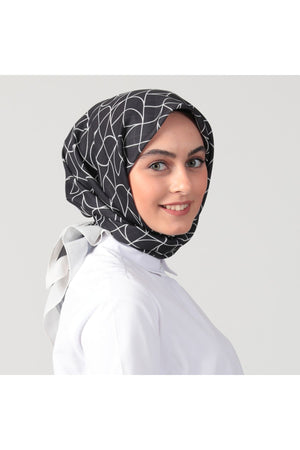 Pamuk İpek Eşarp - Geometrik Desen - Siyah