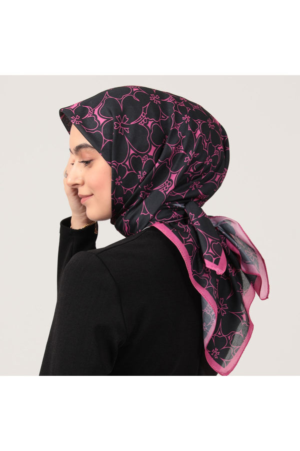 Pamuk İpek Eşarp - Yonca Desen - Siyah Pembe