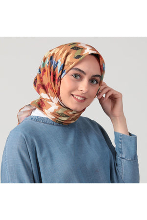 Pamuk İpek Eşarp - Zigzag Desen - Tarçın