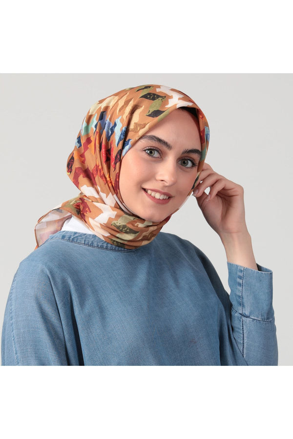 Pamuk İpek Eşarp - Zigzag Desen - Tarçın