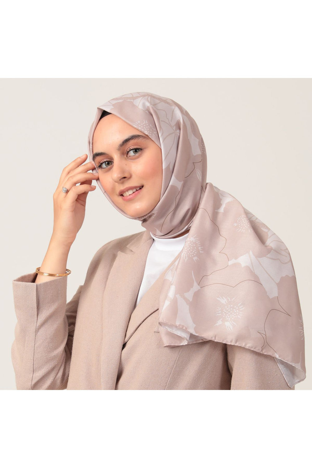 Pamuk İpek Şal - Manolya Desen - Sütlü Kahve