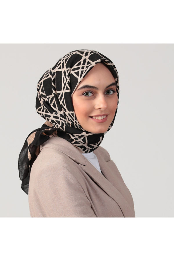Pamuklu Bürümcük Eşarp - Asimetrik Desen - Siyah Vizon