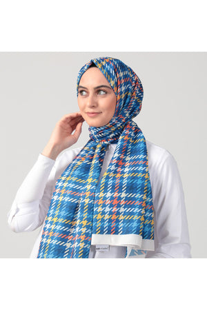 Pamuk İpek Şal - Kazayağı Desen - Saks Mavisi