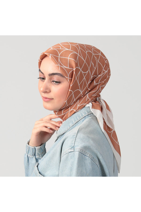 Pamuk Ipek Eşarp - Geometrik Desen - Tarçın