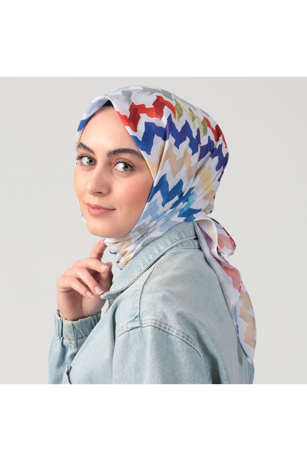 Pamuk İpek Eşarp - Zigzag Desen - Saks