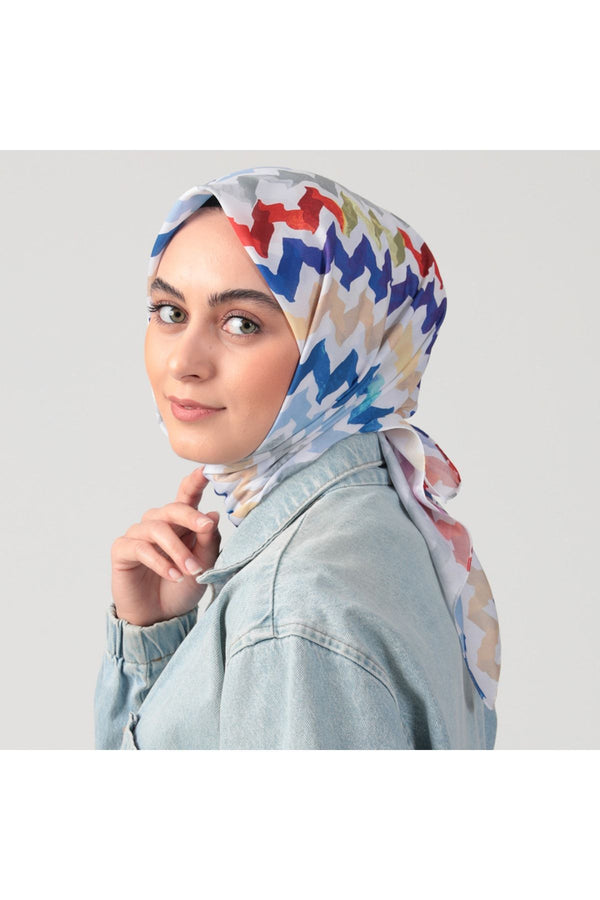 Pamuk İpek Eşarp - Zigzag Desen - Saks