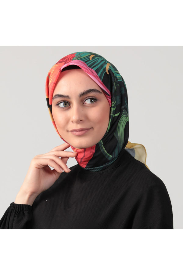 Pamuk İpek Eşarp - Tropik Desen - Siyah