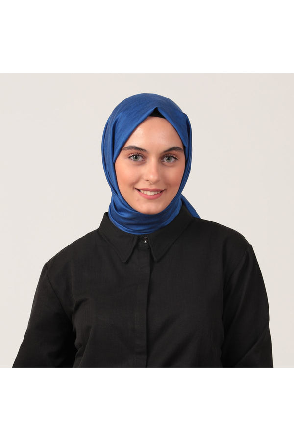 Yün İpek Şal - Dağ Desen - Saks Mavi