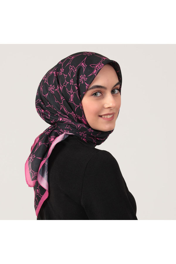 Pamuk İpek Eşarp - Yonca Desen - Siyah Pembe