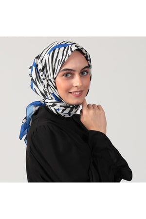 Pamuk İpek Eşarp - Zebra Desen - Saks Mavi