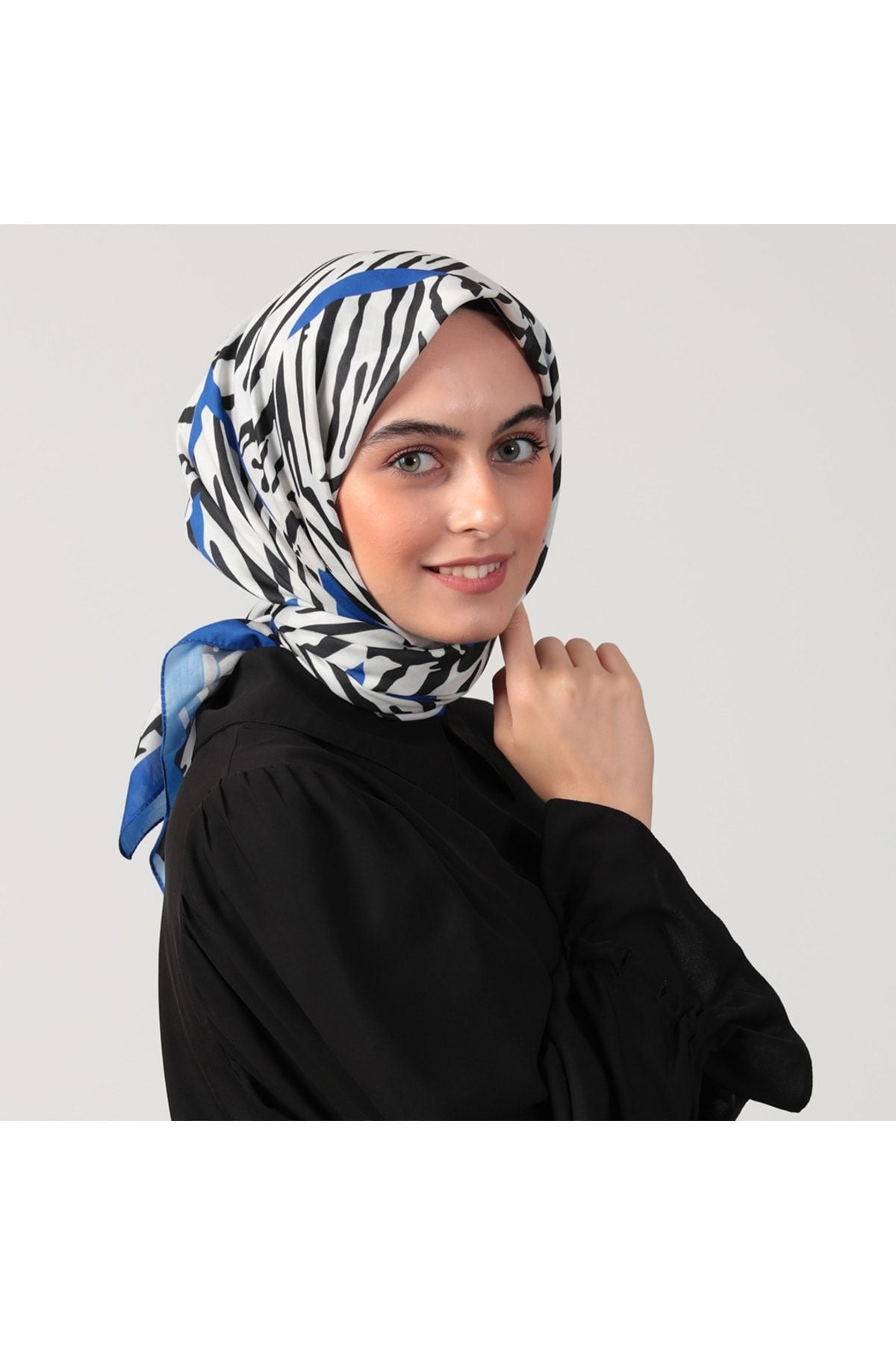Pamuk İpek Eşarp - Zebra Desen - Saks Mavi