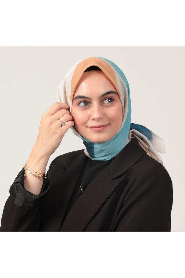 Pamuk İpek Eşarp - Elips Desen - Karamel Kot Mavi