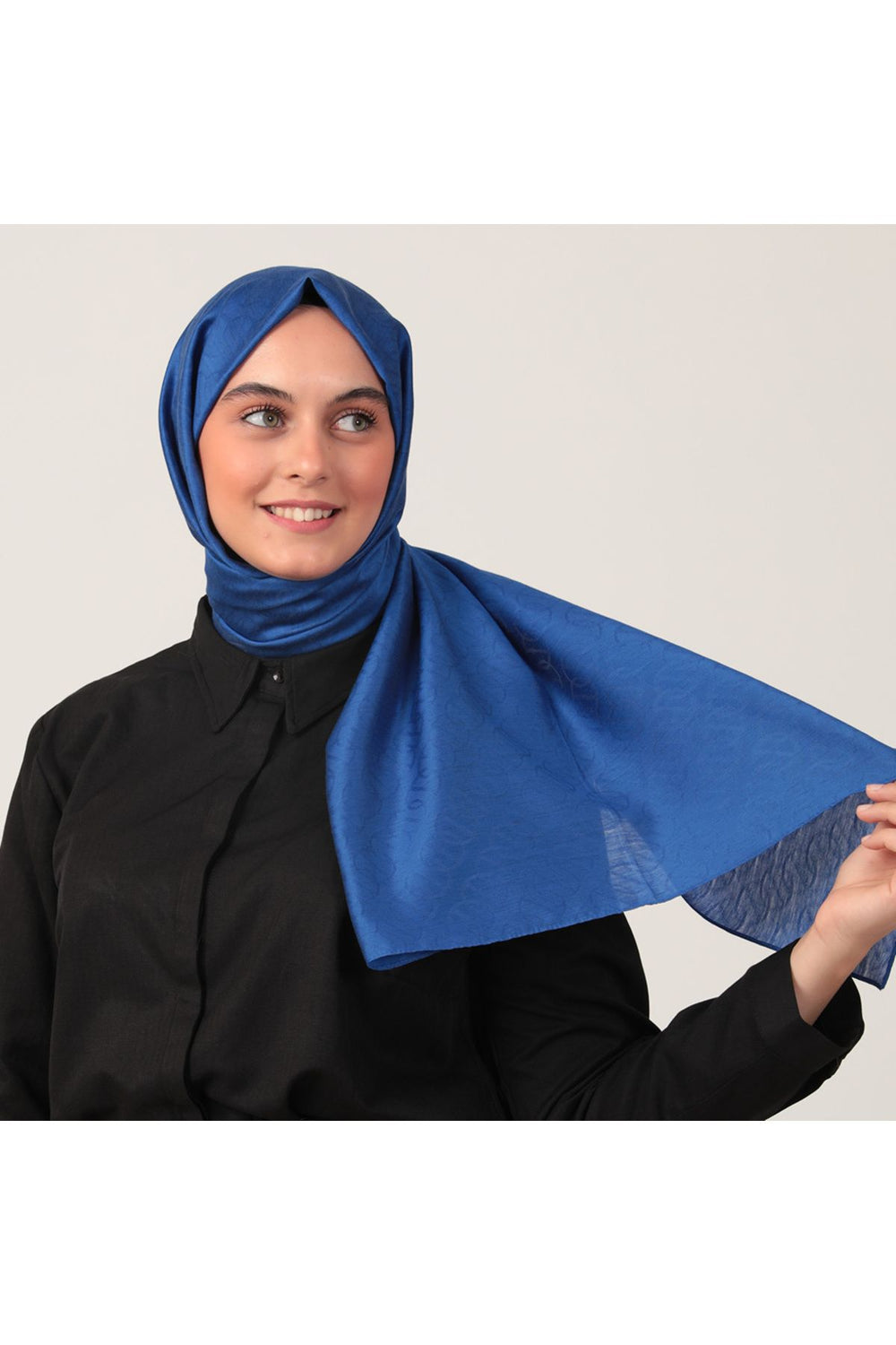 Yün İpek Şal - Zincir Desen - Saks Mavisi
