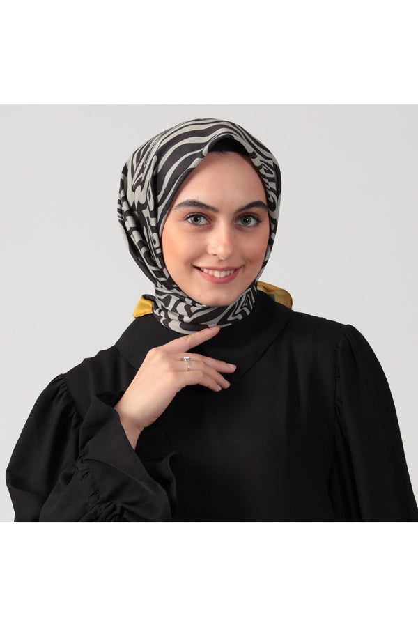 Pamuk İpek Eşarp - Helezon Desen - Hardal