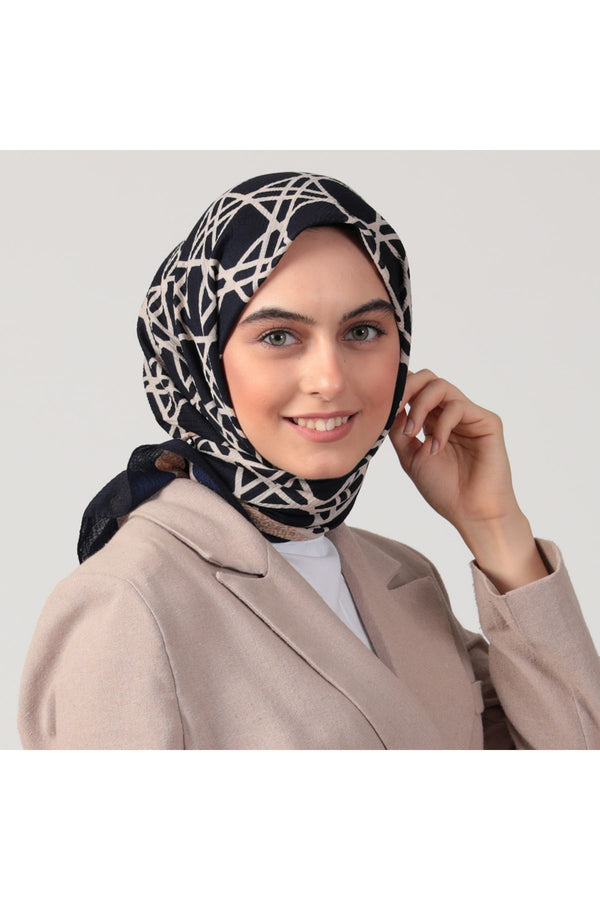 Pamuklu Bürümcük Eşarp - Asimetrik Desen - Lacivert
