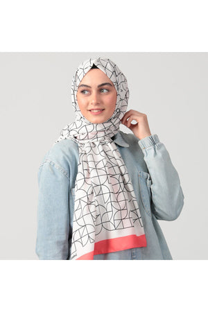 Pamuk Ipek Şal - Geometrik Desen - Nar Çiçeği