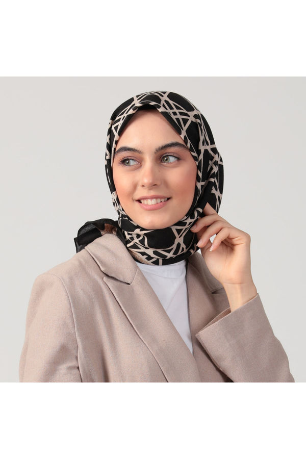 Pamuklu Bürümcük Eşarp - Asimetrik Desen - Siyah Vizon