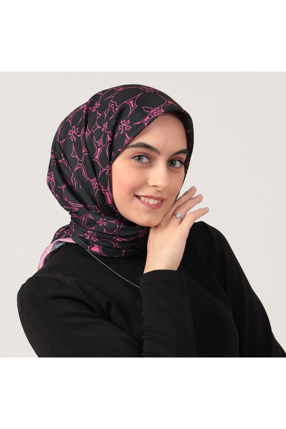 Pamuk İpek Eşarp - Yonca Desen - Siyah Pembe