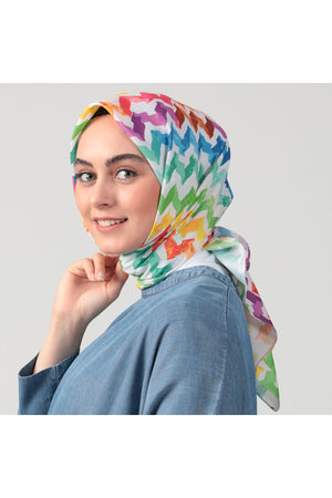 Pamuk İpek Eşarp - Zigzag Desen - Beyaz