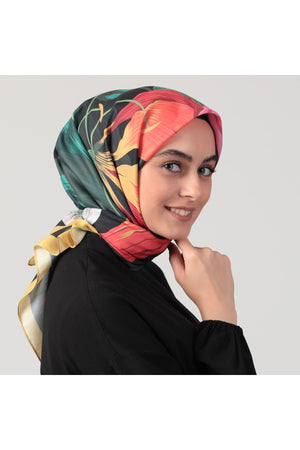 Pamuk İpek Eşarp - Tropik Desen - Siyah