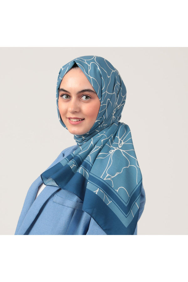 Pamuk İpek Şal - Gelincik Desen - İndigo